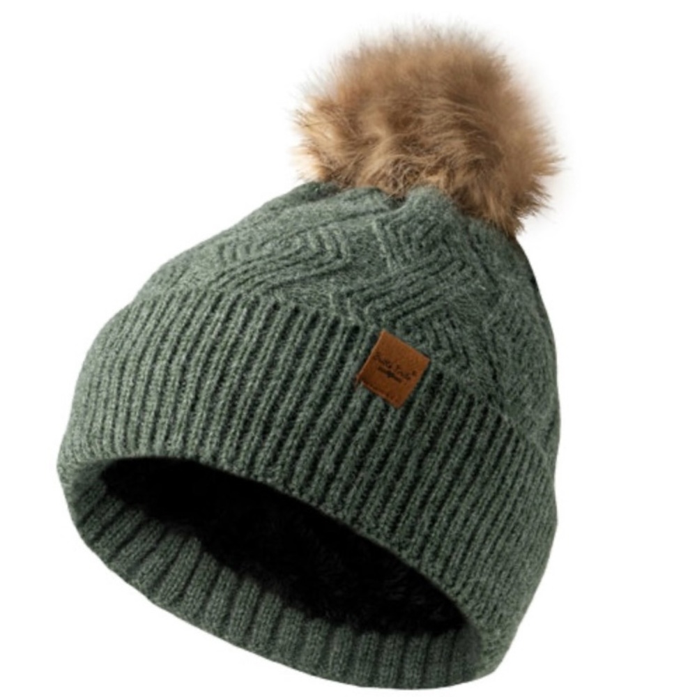 Women's Olive Knit Beanie with Faux Fur Pom-Pom